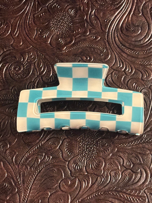 Blue checker hair clip